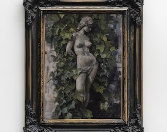 Gothic Statue Wall Art Print, Ivy-Covered Female Sculpture Painting, Dark Romantic Garden Aesthetic Decor
