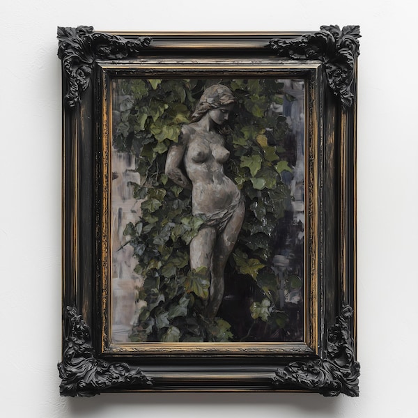 Gothic Statue Wall Art Print, Ivy-Covered Female Sculpture Painting, Dark Romantic Garden Aesthetic Decor
