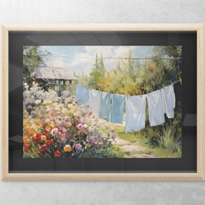 Laundry on a line Matte Horizontal Posters Laundry Room Art Vintage Cottagecore Garden Painting Print farmhouse wall decor country art print image 3