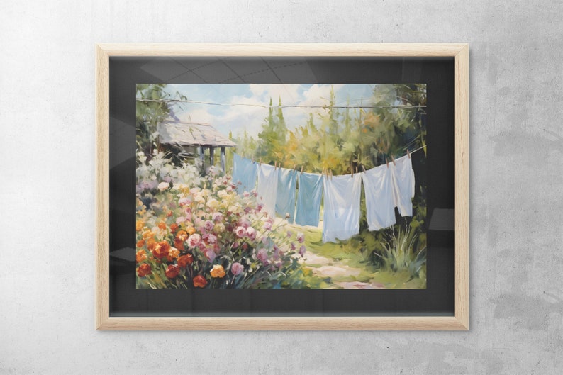 Laundry on a line Matte Horizontal Posters Laundry Room Art Vintage Cottagecore Garden Painting Print farmhouse wall decor country art print image 3