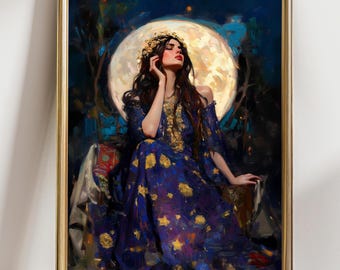 Moon Goddess Wall Art, Celestial Woman Painting, Boho Night Portrait Print