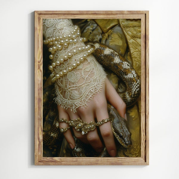 Snake Victorian Art altered Print moody Painting, vintage woman Print, victorian decor wall art, dark moody antique art Print, lace, Pearls