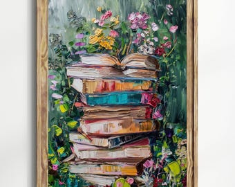 Cottagecore Books Wall Art - Bright Floral Stack Painting