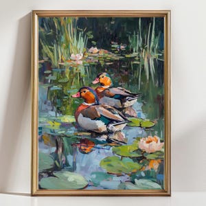 Mandarin Ducks Art Print, Colorful Pond Waterfowl Painting, Lily Pad Wall Decor, Nature Bird Lover Gift, Tranquil Wildlife Artwork