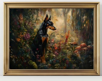 Doberman Forest Wall Art, Mystical Dog Woodland Print, Fantasy Pet Portrait Poster