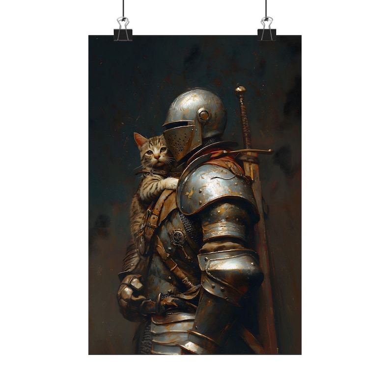 Medieval Knight with a cat Art Print, Knightcore Art, vintage Painting Fantasy Maximalist Decor, Dark Academia Goth Moody Victorian Wall Art image 6