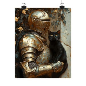 Medieval Knight with a cat Art Print, Knightcore Fantasy Art, Fantasy Maximalist Decor, Dark Academia Print, Goth Moody Victorian Wall Art image 5