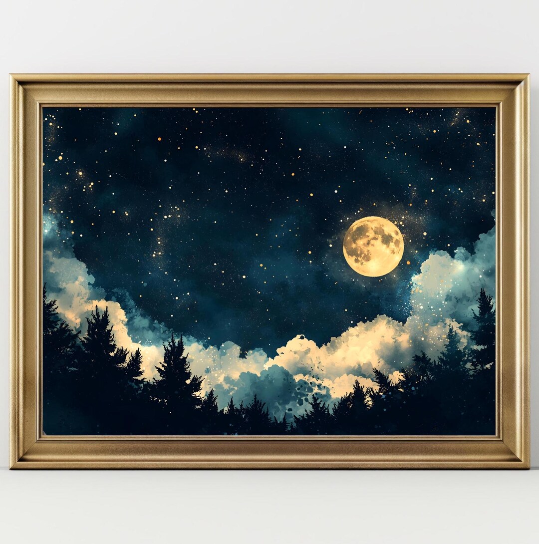 Celestial Full Moon Wall Art Print ,moody Dark Forest Abstract Night ...
