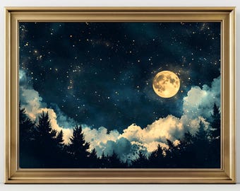 Celestial Full Moon Wall Art Print ,Moody Dark Forest Abstract Night Sky Print,  Academia Decor, Blue Gold Maximalist Moody  Bedroom Print
