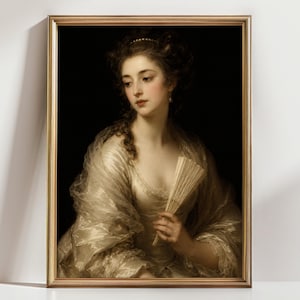 Victorian Woman with Fan Print, Dark Academia Portrait Wall Art, Antique Old Master Decor