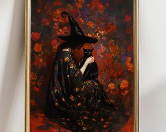 Enchanting Witch and her Black Cat Wall Art, Witchy Home Decor, Ideal for Halloween, Goth Aesthetic, Magical Art Prints