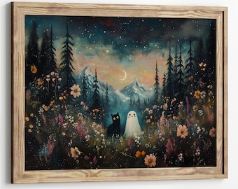 May include: A black cat and a white ghost stand in a field of flowers under a starry night sky. The scene is painted in a whimsical style with a backdrop of mountains and a crescent moon.