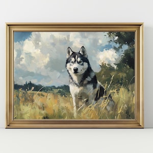 Husky Wall Art – Dog in Field Landscape Print, Nordic Dog Poster, Rustic Husky Painting, Animal Lover Gift, Nature Pet Decor