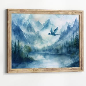 Forest Dragon Watercolor Art Horizontal Poster Print fantasy art forest and a dragon Fantasy Painting, Watercolor illustration Dark Academia