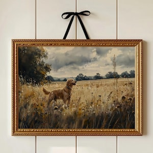 Moody Dark Wildflower Golden Retriever Dog Print Vintage Wildflower Painting Wall Art Print Floral Cottagecore Landscape Farmhouse
