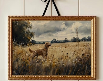 Moody Dark Wildflower Golden Retriever Dog Print Vintage Wildflower Painting Wall Art Print Floral Cottagecore Landscape Farmhouse