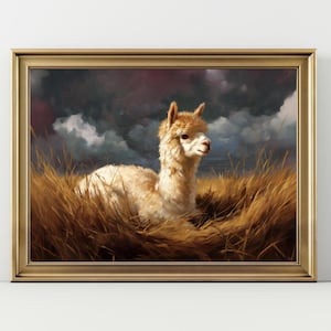 Alpaca Wall Art Print, Rustic Farmhouse Decor, Moody Landscape Painting, Cozy Country Home Decor, Animal Lover Gift
