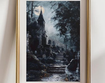 Gothic Cemetery Church Print, Dark Moonlit Landscape Wall Art, Haunted Graveyard Decor, Spooky Gothic Poster