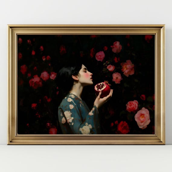 Dark Feminine Art Print – Persephone with Pomegranate, Dreamy Mythical Portrait, Romantic Dark Academia Wall Decor