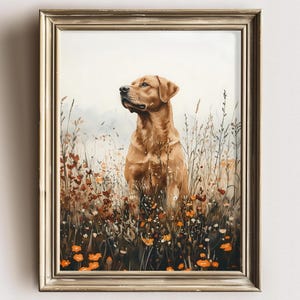 Moody Wildflower Labrador Wall Art, Dark Dog Field Print, Rustic Pet Portrait Poster