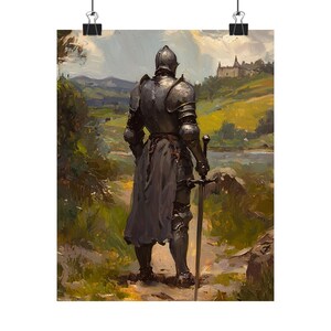 Medieval Knight Wall Art – Warrior in Armor with Sword, Fantasy Castle Landscape Painting, Chivalry Gothic Home Decor Print image 5