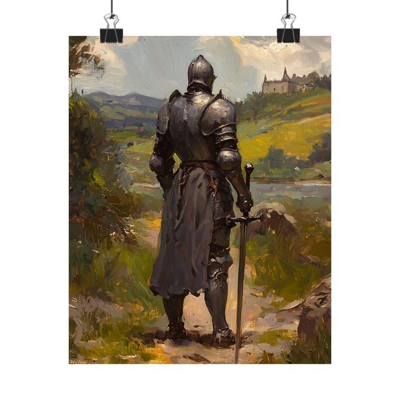 Medieval Knight Wall Art – Warrior in Armor with Sword, Fantasy Castle Landscape Painting, Chivalry Gothic Home Decor Print image 5