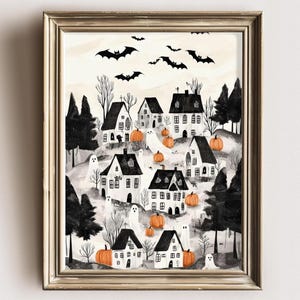 Halloween Town Folk Art Print Halloween Ghost Wall Art, Halloween Pumpkin Vintage Art Halloween Decor For Home Moody Halloween Poster