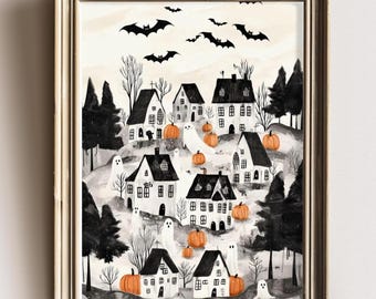 Halloween Town Folk Art Print Halloween Ghost Wall Art, Halloween Pumpkin Vintage Art Halloween Decor For Home Moody Halloween Poster