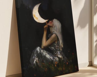 Mystical Moon Goddess Wall Art – Selene Canvas Print, Dark Feminine Celestial Decor, Ethereal Witchy Bedroom Artwork