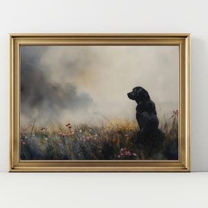 Black Labrador Dog Wall Art Print Moody Dark Wildflower hunting dog Print Vintage Wildflower Painting Landscape Farmhouse decor