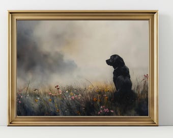 Black Labrador Dog Wall Art Print Moody Dark Wildflower hunting dog Print Vintage Wildflower Painting Landscape Farmhouse decor