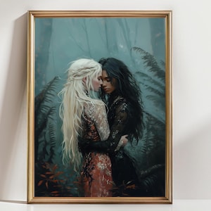 Romantic Fantasy Wall Art – Enchanted Lesbian Couple Print in Forest, Dark Aesthetic Witches, Moody Love Artwork, Gothic Decor