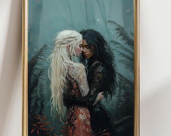 May include: A framed art print depicts two women embracing in a forest setting. One woman has long, flowing blonde hair and wears a red dress. The other has black hair and wears a black dress. The background features ferns and a misty atmosphere.