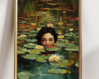 Woman in Lily Pond Wall Art Print, Moody Water Nymph Painting, Dark Cottagecore Botanical Decor