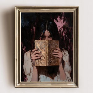 Victorian Woman Reading Bookish Wall Art Print, Book Lover Gift, Library Art Print, Dark Academia Decor, Moody Reading Nook Painting