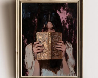 Victorian Woman Reading Bookish Wall Art Print, Book Lover Gift, Library Art Print, Dark Academia Decor, Moody Reading Nook Painting
