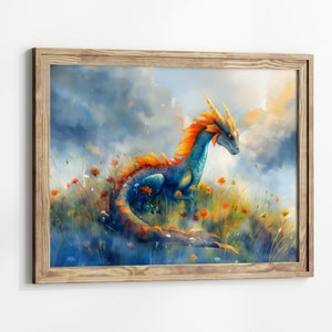 Whimsical Dragon in Flower Field Wall Art Print, Fantasy Creature Painting, Colorful Magical Decor Poster