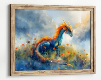 Whimsical Dragon in Flower Field Wall Art Print, Fantasy Creature Painting, Colorful Magical Decor Poster