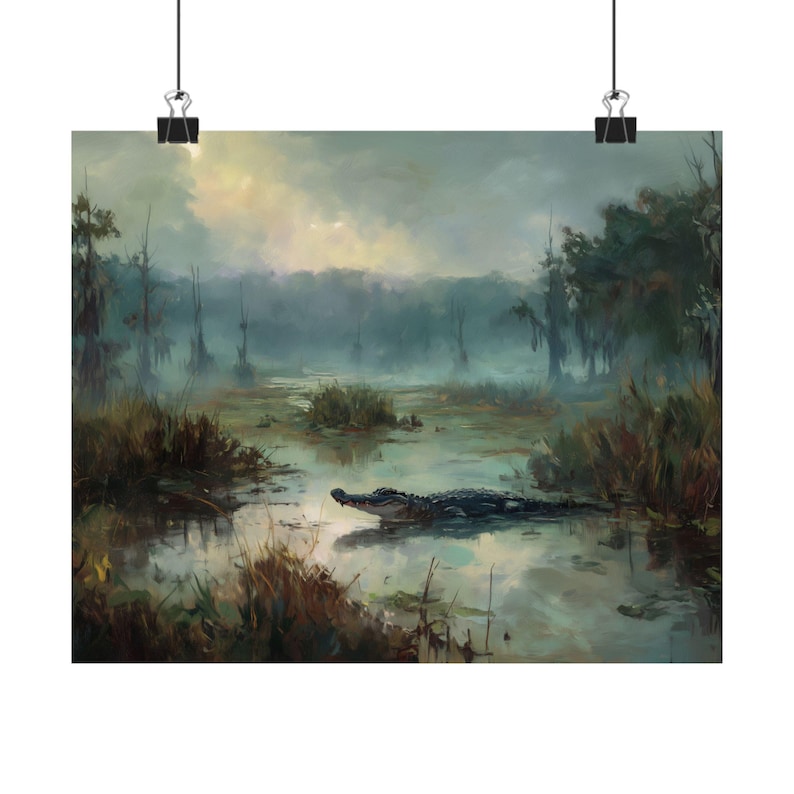 Alligator Swamp Wall Art – Moody Wildlife Landscape Print, Foggy Southern Bayou Painting, Gator Nature Decor for Rustic Homes image 5