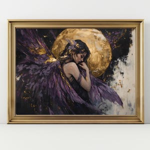 Celestial Angel Art Print Purple Wings Wall Art, Golden Moon Goddess Poster, Ethereal Fantasy Woman Decor, Mystical Dark Angel Artwork