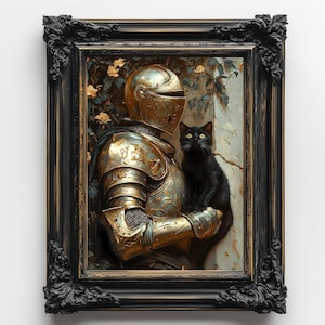 Medieval Knight with a cat Art Print, Knightcore Fantasy Art, Fantasy Maximalist Decor, Dark Academia Print, Goth Moody Victorian Wall Art image 2