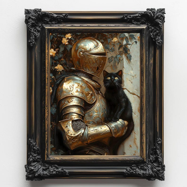 Medieval Knight with a cat Art Print, Knightcore Fantasy Art, Fantasy Maximalist Decor, Dark Academia Print, Goth Moody Victorian Wall Art image 2