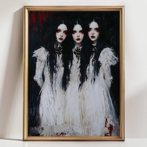 Gothic Vampire Sisters Art Print Dark Fantasy Wall Art Creepy Gothic Decor, Witchy Trio Black and White Horror Illustration Occult Wall art