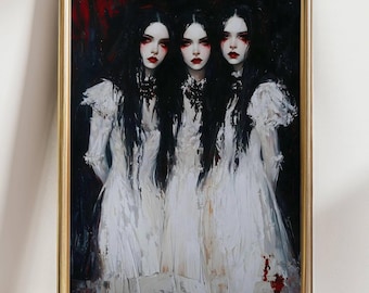 Gothic Vampire Sisters Art Print Dark Fantasy Wall Art Creepy Gothic Decor, Witchy Trio Black and White Horror Illustration Occult Wall art