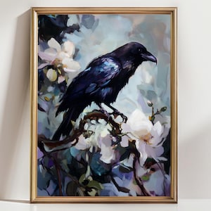 Elegant Raven Art Print, Dark Bird with White Blossoms, Gothic Nature Wall Decor, Mystical Floral Raven Poster