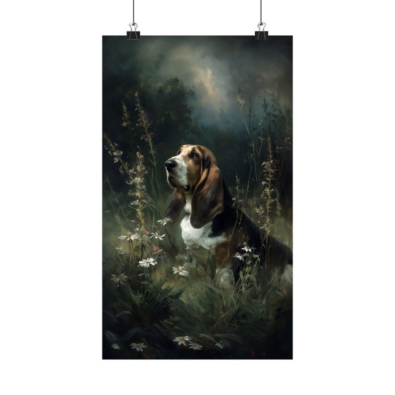Basset Hound Wall Art, Dark Floral Dog Print, Moody Pet Portrait Poster bild 8