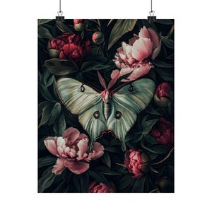 Luna Moth Print, Dark Botanical Prints, Dark Cottagecore Wall Art ...