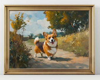 May include: A framed painting of a happy corgi dog on a path. The dog has brown and white fur and is smiling with its tongue out. The background features a sunny landscape with trees, grass, and a blue sky with clouds. The frame is gold.