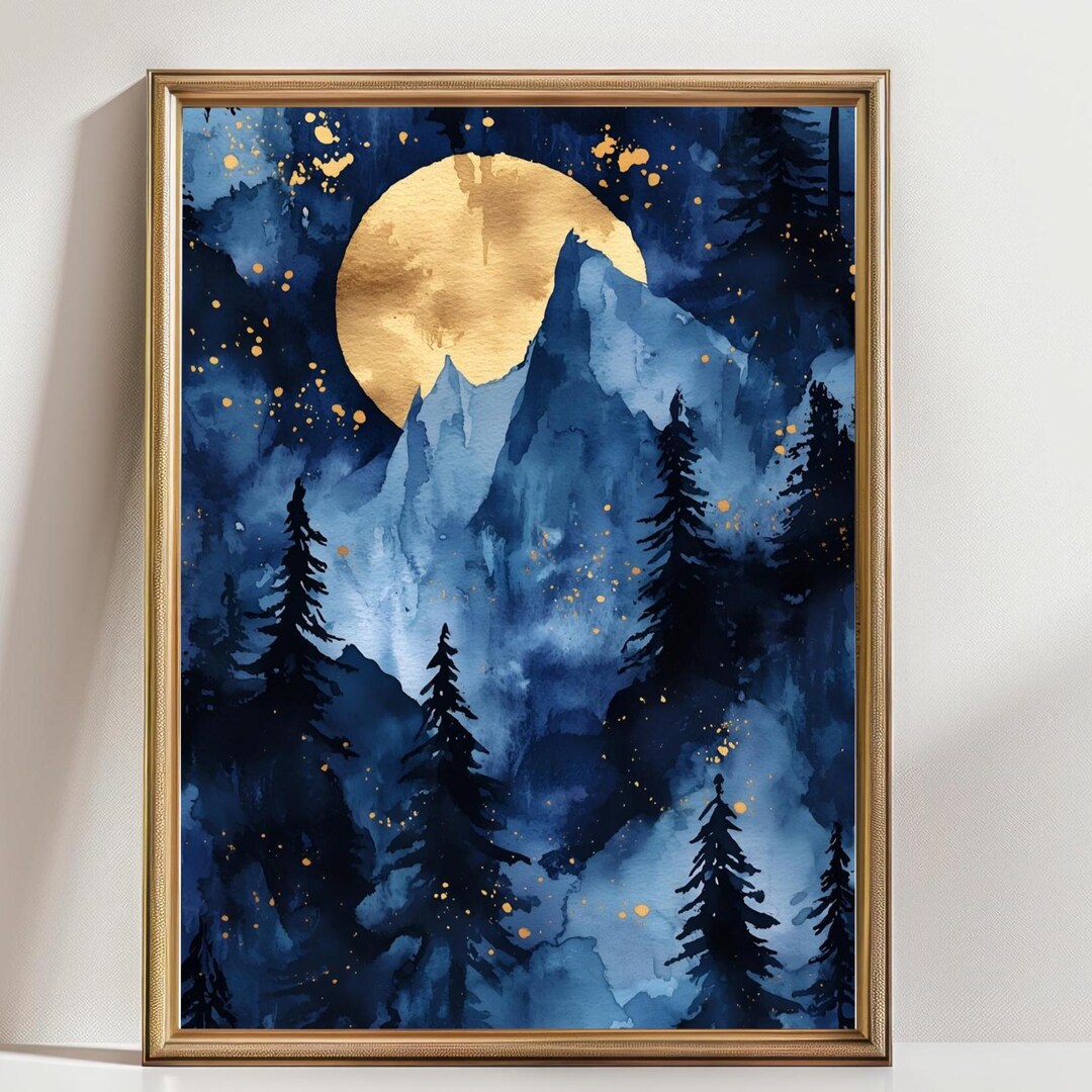 Midnight Forest Wall Art, Blue Mountain Moon Print, Dark Fantasy Poster ...