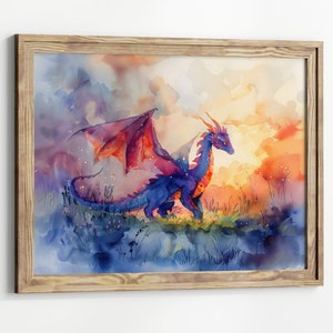Watercolor Fantasy Dragon Wall Art Print – Colorful Dragon Painting, Mythical Creature Poster, Fantasy Home Decor Gift